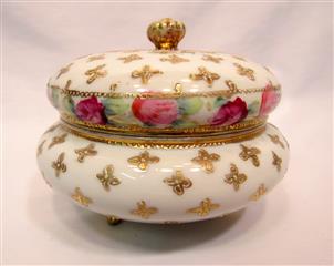 ANTIQUE PORCELAIN HAIR RECEIVER POWDER BOX VANITY SET MORIMURA NIPPON PINK ROSES